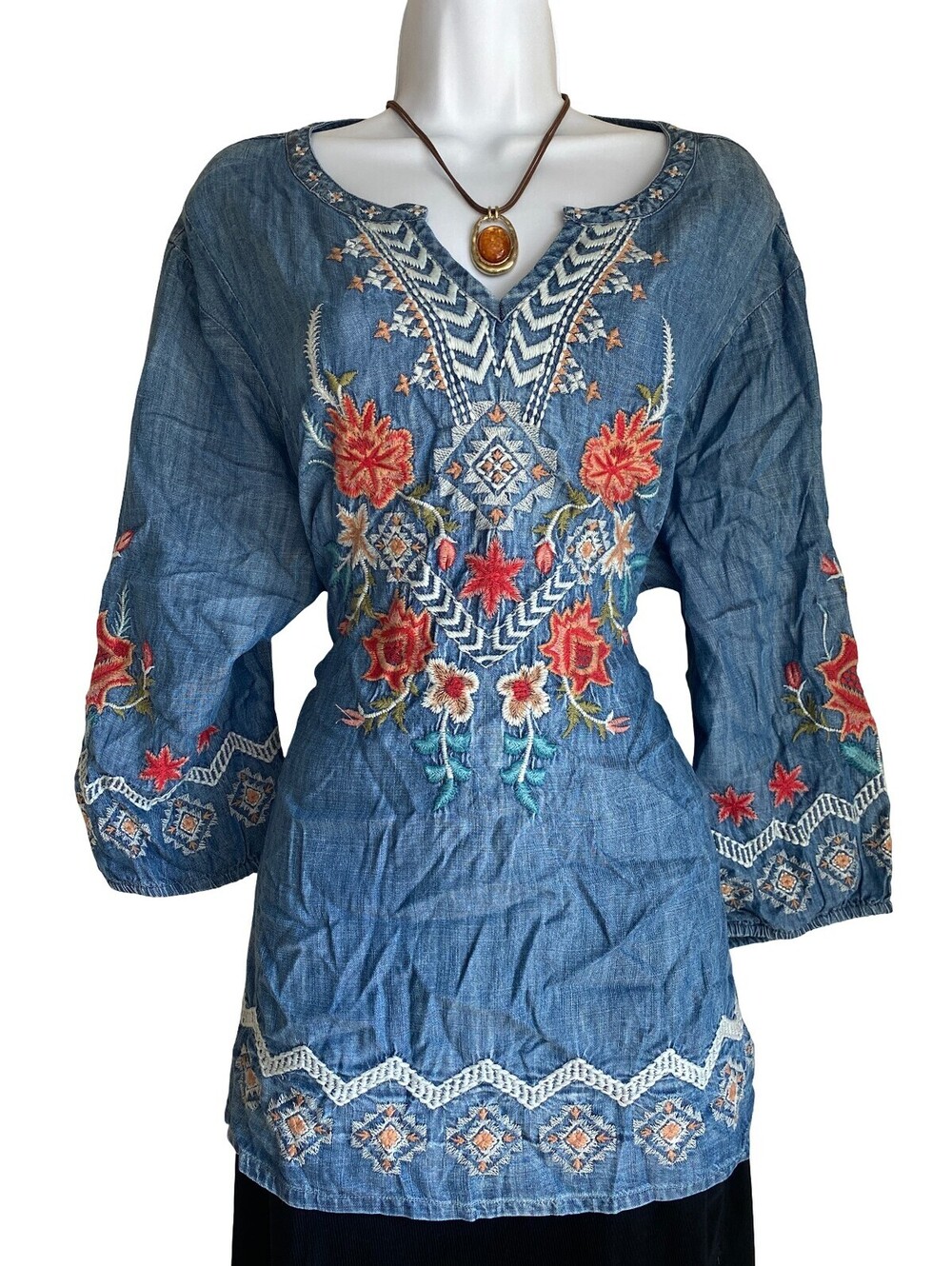 Coldwater Creek Women Plus 2X Embroidered Denim Blouse Boho Western Cowgirl Fall